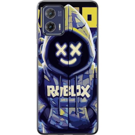 Kompatibelt Mobildeksel til Motorola Motorola Moto G73 Blågul Roblox hettegenserfigur med minimalistisk neonstil og masket ansikt, moderne spillillus