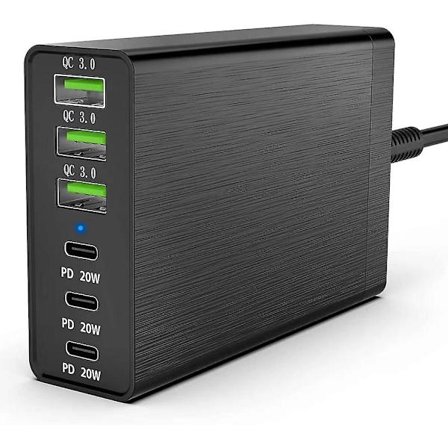 96W 6-ports USB-ladestasjon for skrivebord med 3 USB-C-porter og QC3.0-porter, 20W hurtiglader EU-plugg