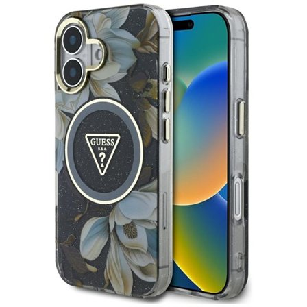 Guess Glitter Flowers Triangle Buttons MagSafe-etui til iPhone 16 sort
