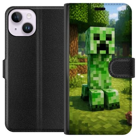 Kompatibelt Plånboksfodral till Apple Apple iPhone 14 Block-baserad Creeper-figur i en grön pixell värld, ikonisk spelillustration för barnrum, ga