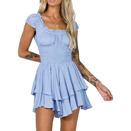 ivimos Dam Sommar Bomull Puffärmar Lager Rynkor Casual Boho Swing Miniklänningar Blå Stor