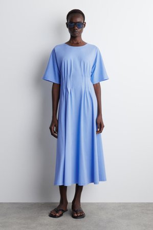 COS Femme Robe Midi Nervurée En Coton Dress in Bleu