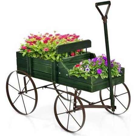 COSTWAY Havetrillebør i træ - 2 planterum - Metalhjul - Belastning 15 kg - Grøn