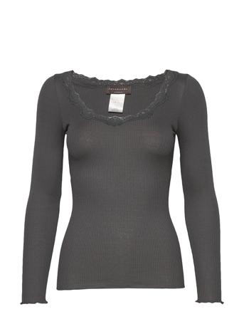 Silk T-Shirt W/ Lace T-shirts & Tops Long-sleeved Grå Rosemunde