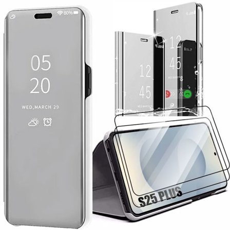 Beskyttelsesskal - BOOLING - til Samsung Galaxy S25 Plus - Sølv Spejl Effekt - 2 Hærdede Glas - Stødabsorberende