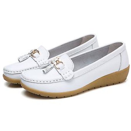 Damskor i äkta läder, mjuka och bekväma platta loafers, handgjorda, avslappnade skor (38 vita)