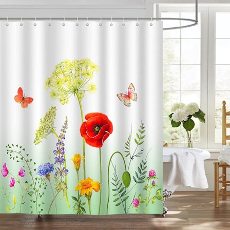 Vårfloral Duschdraperi 180 X 180 Cm Trädgård Blommor Fjäril Badrum Duschdraperi Mögelresistent