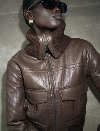 Mango Faux-Leather Jacket With A Roll-Neck Collar - Brown - S