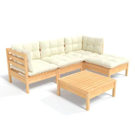 Vidaxl Loungegrupp Med Gräddvita Dynor 5 Delar Massiv Furu Creme