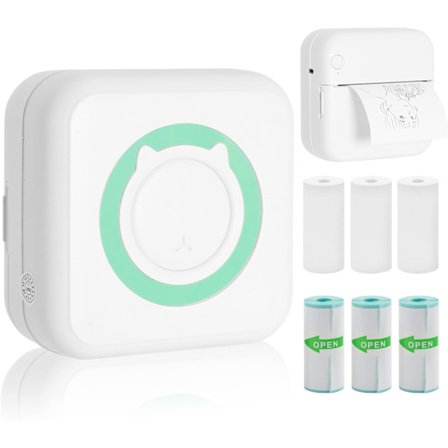 Mini termisk skriver, bærbar blekkfri Bluetooth-skriver med 5 klistremerkeruller og 5 termisk papirruller