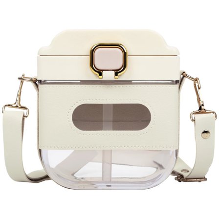 Beige fyrkantig vattenflaska med justerbar rem och sugrör - 700 ml/24 oz återanvändbar plastvattenflaska - läcksäker och BPA-fri bärbar/rese-