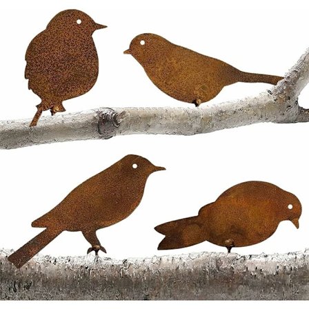 Havedekoration i rust, 4 metalfugle med skruer, havefuglesilhuetdekoration, metalhavedekoration med rusteffektpatina, have
