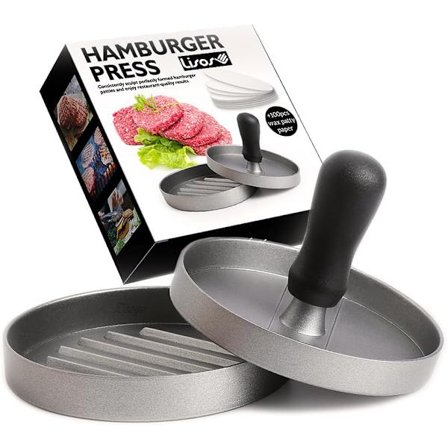 Hamburgerpresseformsæt, egnet til oksekødsburgere, vegetarburgere og grillning, BPA-fri og tåler opvaskemaskine.