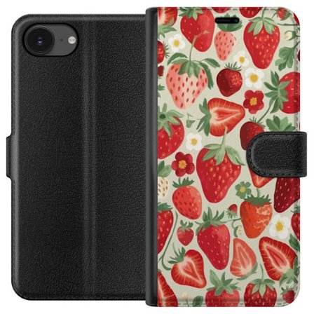Kompatibelt Lommeboketui til Apple iPhone 16e Dekorativt mønster med røde jordbær, grønne blader og små blomster