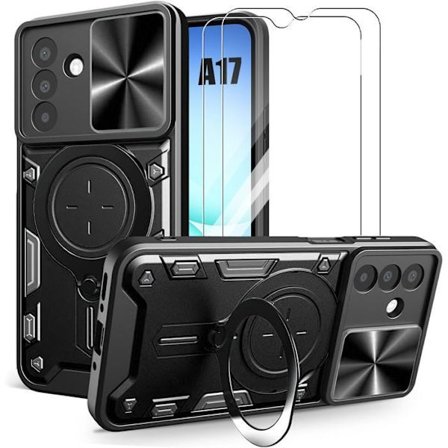 Beskyttelsescover - BOOLING - til Samsung Galaxy A17 4G/5G - Sort - Dreje Ring - 2 Tempererede Glas