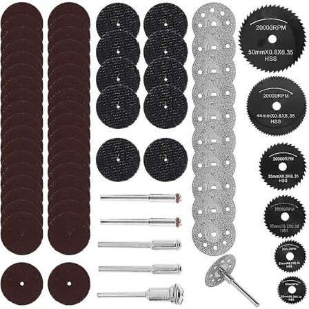 Sæt med 67 Mini Diamantskiver - 5 Dorn af 3 mm, til Skæring af Sten, Træ, Glas