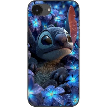 Kompatibel Mobilcover til Apple iPhone 16e Stitch i en blå blomsterbed med bløde farver og drømmende Disney-følelse, hvor Stitch sidder omgivet af blo