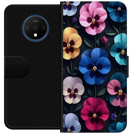 Kompatibelt Lommeboketui til OnePlus 7T Dekorativt blomstermønster med fargerike pensélignende blomster og mørk elegant bakgrunn