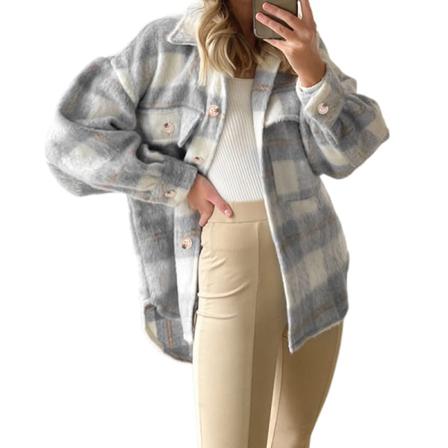 Kvinnor Pläd Med Fickor Lapel Long Sleeve Cardigan Jackor