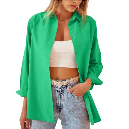 Dame Langærmet Bomulds Skjorte i Ensfarvet