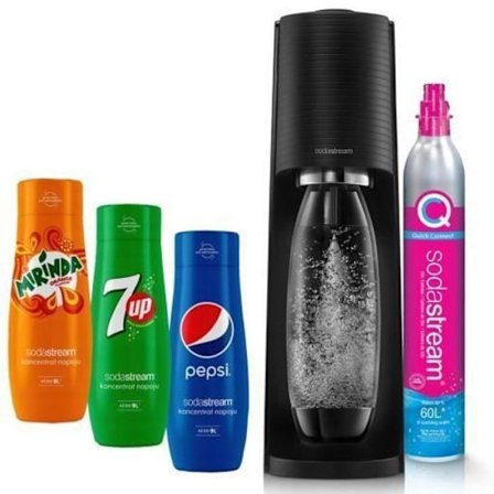 Saturator för kolsyrat vatten - Sodastream - Terra Black - 2 flaskor 1L - 3 siraper Pepsi Mirinda 7UP