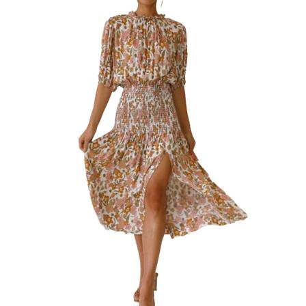 Split Klänning Printed High Waist Swing Long Party