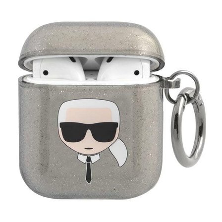 Karl Lagerfeld Glitter Karl's Head -kotelo AirPods 1/2:lle - Musta