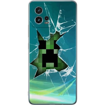 Motorola Moto G72 Gjennomsiktig deksel Minecraft Creeper gjennom knust glass med dramatisk eksplosjonseffekt hvor den ikoniske Creeperen bryter gjenno