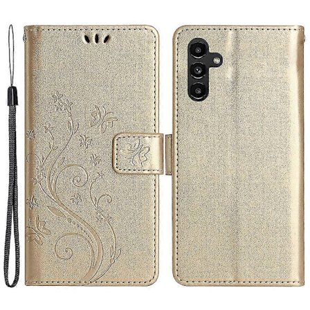 Samsung Galaxy A55 5G perhoskuvioinen nahkakotelo puhelimelle jalustalla ja lompakolla