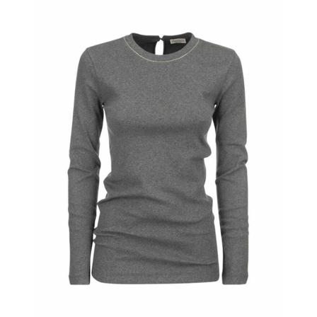 Brunello Cucinelli Ribbed stretch cotton jersey T-shirt with jewellery Grå, Dame Langærmet