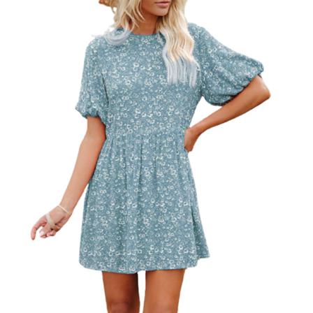 Spring Digital Printed Lantern Sleeve Kort Lös Casual Small