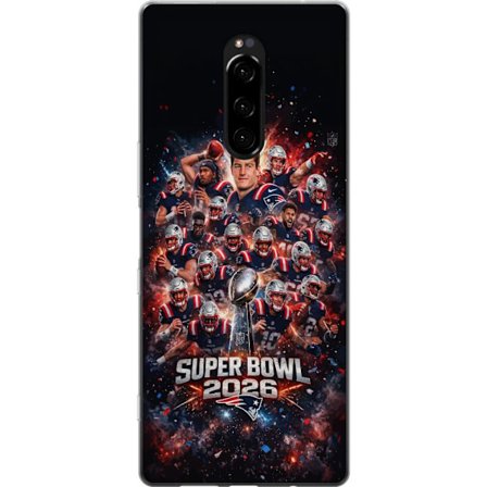Kompatibel Mobilcover til Sony Xperia 1 Super Bowl 2026 plakat med New England Patriots og NFL-pokal i eksplosiv sportsdesign