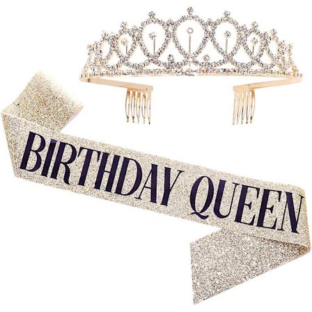 "Fødselsdagsdronning" Bånd & Rhinestone Tiara Sett - 21. 30. Fødselsdag Gaver Fødselsdagsbånd For Kvinner Fødselsdagsfest Tilbehør (gull Glitter Med 