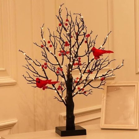Vintage LED Tree with Cardinal Birds and Red Berries - Christmas Tabletop & Home Decoration