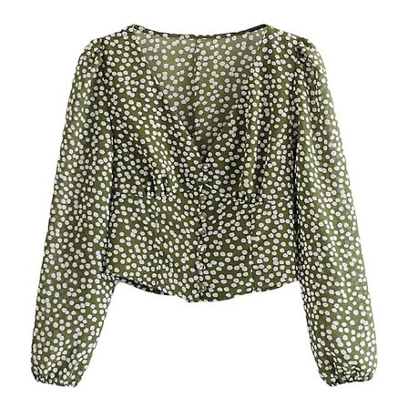 V-ringad Prickig Enkelknäppt Kort Långärmad Skjorta