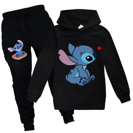 Børne Lilo And Stitch Print Træningsdragt Sæt Langærmet Hættetrøje Sweatshirt Lange joggingbukser Sport Outfit K Black 15-16Y