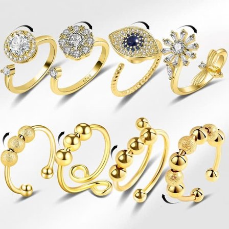 8 stk Justerbar antistressring med roterende perler - Roterbar Antistressring, Fidget Spinner Ringer Gull