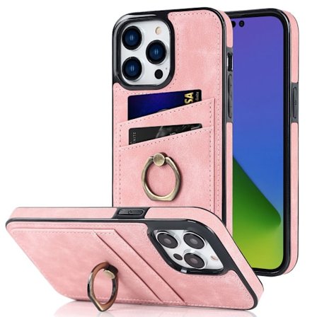 SKALO iPhone 14 Pro Max PU-Läder Korthållare Ring - Rosa