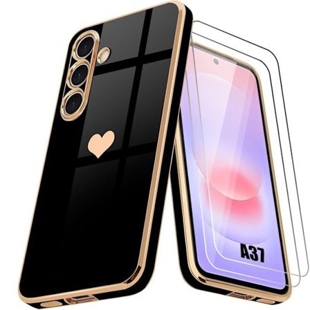 Silicone Cover - BOOLING - til Samsung Galaxy A37 5G - Hjerte Mønster Anti-Ridse - Sort - 2 Glas