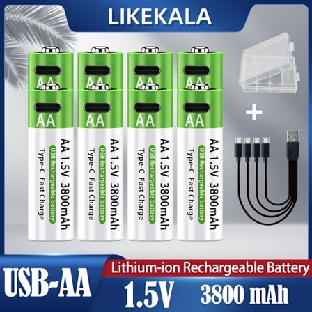 LIKEKALA Li-ion AA genopladelige batterier USB Lithium-ion 3800mAh 1,5V AA genopladelige batterier+ datakabel og opbevaringsboks