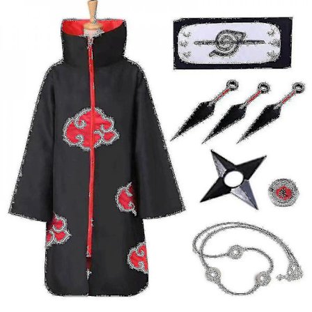 Naruto Akatsuki Kappe Anime Kostume Sæt Itachi Robe Halloween V 8 Dele
