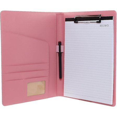 Mappe i skinn for CV-oppbevaring, A4-mappe med utklippstavle for konferanse, for juridisk blokk for forretningsskolekontorkonferanse (rosa)