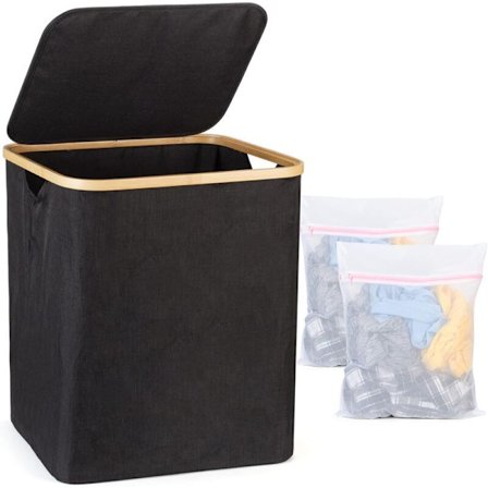Tvättkorg - Smutstvättkorg med lock - Paniere Fällbar smutstvättkorg i bambu med handtag - Stor kapacitet Svart tvättkorgar, -