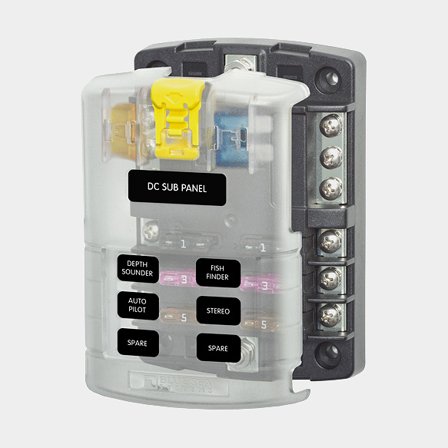 Fuse holder Blue Sea Systems ST Blade Fuse Block, for 6 spade fuses, with ground terminal, M4 + M5, 32 V DC, 100 A