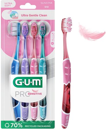 GUM PRO SENSITIVE Tandbørste 4 stk Ultra blød (asst- farve), Medicin & Pleje, Tandbørster, Voksentandbørster