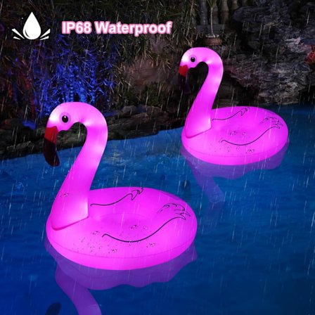 Oppustelig Flamingo Badering med Solcellelys, Oppustelig Pink Flamingo, Stor Flamingo Badering til Voksne, Flamingo Pool Float (106x106x100 cm)