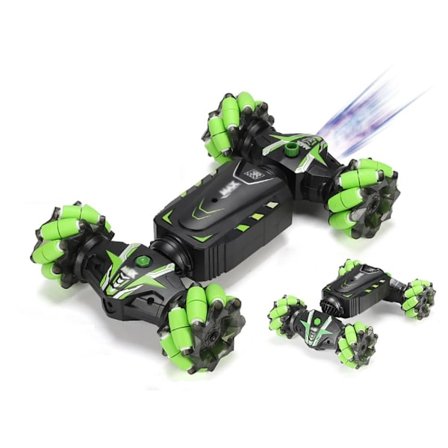 Gestkontrollert fjernstyrt bil, 4WD stuntbil med spray, lys og musikk, 360° rotasjonsleketøy gave til gutter og jenter (grønn)