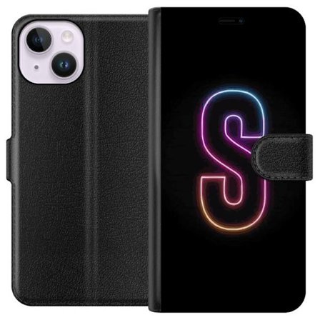 Kompatibelt Lommeboketui til Apple Apple iPhone 14 Neonbokstav S i lysende rosa og blå toner mot mørk bakgrunn, stilig bokstavkunst med retrofuturis