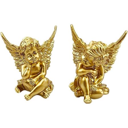 Sett med 2 Gull Mini Engler Resin Keruber Statue Figur, Innendørs Utendørs Hjem Hage Dekorasjon, Borddekorasjon, Søt Engel Skulptur Minne