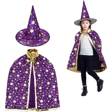 Troldmandskappe, tryllestøv og heksekappe, tryllestøv heksekappe Halloween kostume børn lilla